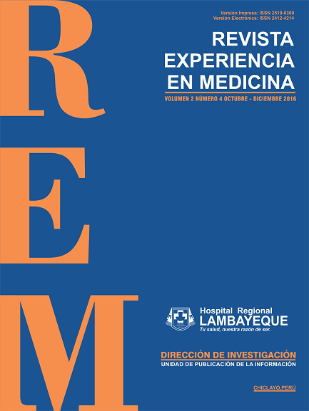 					Ver Vol. 2 Núm. 4 (2016): Revista Experiencia en Medicina - Hospital Regional Lambayeque
				